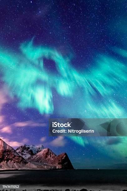Northern Lights In Unstad Stock Photo - Download Image Now - Arctic, Aurora Borealis, Climate