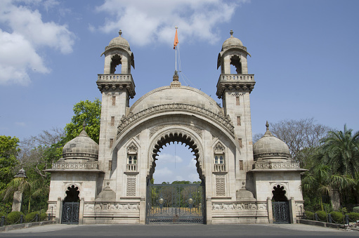Royal entrance gate of The Lakshmi Vilas Palace, was built by Maharaja Sayajirao Gaekwad 3rd in 1890, Vadodara (Baroda), Gujarat, India