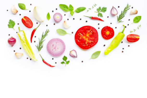 istock Various fresh vegetables and herbs on white background. Healthy eating concept 1141413768
