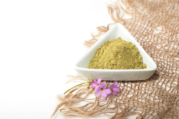 istock henna powder for dyeing hair and eyebrows and drawing mehendi on hands, isolate with green palm leaf 1141415702