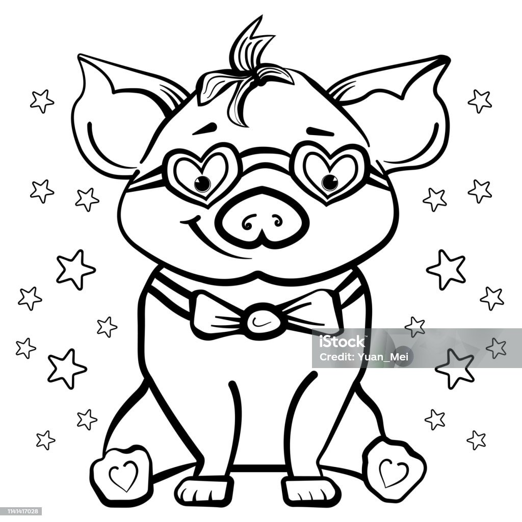 The guinea pig with glasses in shape of heart and in pants with suspenders. Coloring book or page for adults and children. Valentine's Day.- Vector Coloring piggy in glasses in the form of hearts. Symbol of the year. Coloring page or book for adults and children. - Vector. Vector illustration Abstract stock vector