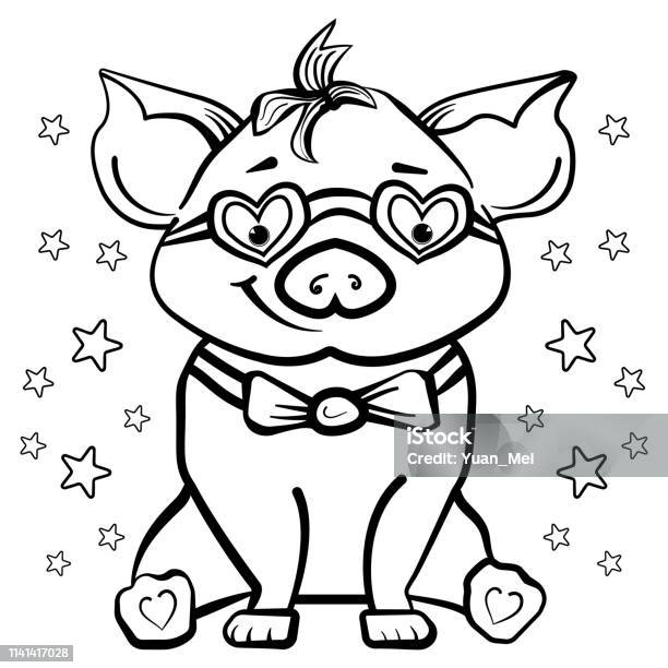 The Guinea Pig With Glasses In Shape Of Heart And In Pants With Suspenders Coloring Book Or Page For Adults And Children Valentines Day Vector Stock Illustration - Download Image Now