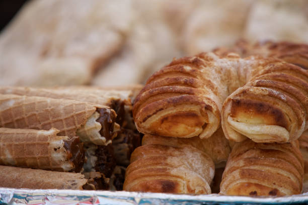 fresh croissant bread, sweet bakery street food. - wheat pasta flour italy imagens e fotografias de stock