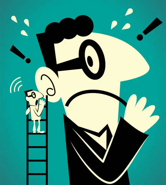 Vector illustration of One businessman climbing up a ladder and whispering message (bad news) to a giant man