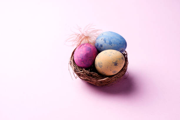 istock Colorful easter egg in the nest on pink background with copy space. Easter background. Minimalism 1141421580