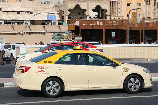 Toyota Camry taxi cab in Dubai, UAE. Dubai is the most populous city in UAE and a major global city.