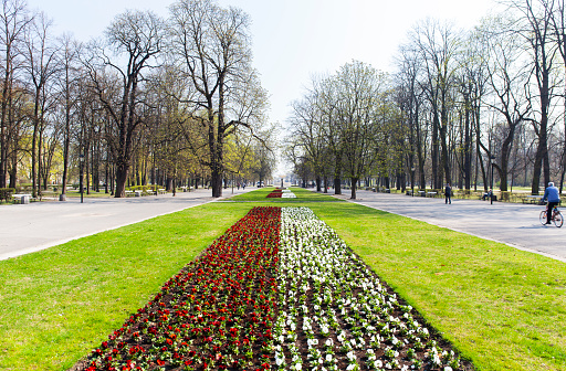 Warsaw, Poland - April 8, 2019: Red and white flowers symbolizing the colors of the Polish flag. Saxon Garden, Warsaw, Poland. People passing by.