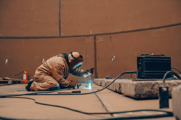 istock Worker in protective suit and mask crouching and welding in metal tower at construction site. 1141425165
