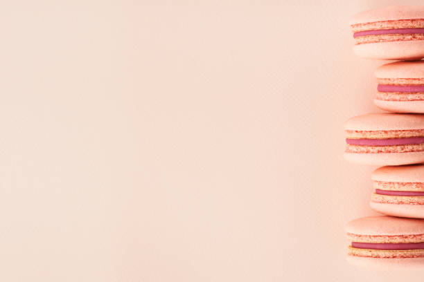 Row of pink macarons on same color background. Creative monochrome mockup with copy space.
