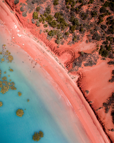This photograph is a town down view and shows red pindan of the Australian desert as it meets the turquoise blue tropical waters of Roebuck Bay. Mangroves are dotted randomly throughout the shallow water.