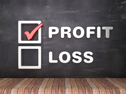 Profit Loss 3D Check List on Chalkboard Background - 3D Rendering