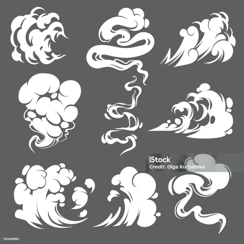 Comic Smoke Clouds Steam Explosion Dust Fog Smog Gas Blast Dust Air Trail  Puff Smoking Effect Fire Game Draw Cartoon Vector Icon Stock Illustration -  Download Image Now - iStock