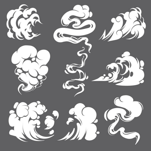 Comic smoke. Clouds steam explosion dust fog smog gas blast dust air trail puff smoking effect fire game draw cartoon, vector icon Comic smoke. Clouds steam explosion dust fog smog gas blast dust air trail puff smoking cigarette coffee effect fire game draw cartoon, vector icon smoke illustrations stock illustrations