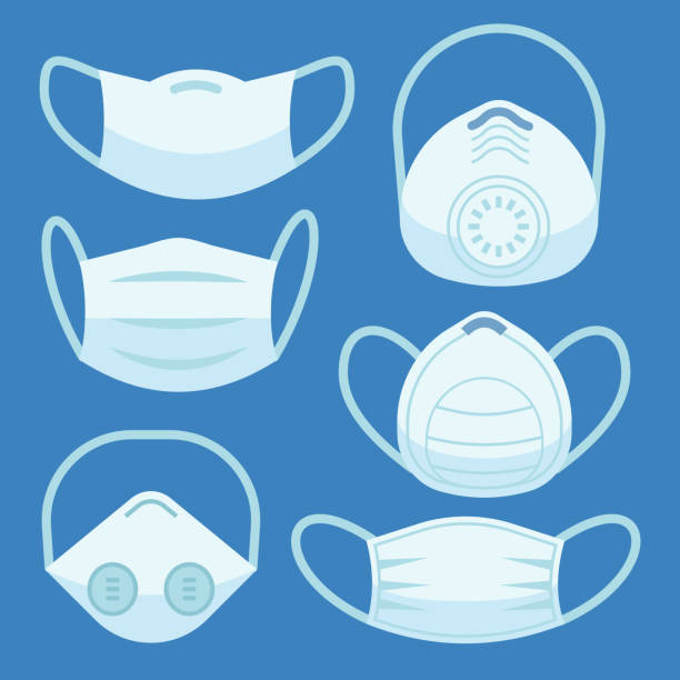 ilustraciones, imágenes clip art, dibujos animados e iconos de stock de máscara de contaminación facial. máscaras médicas smog protección contra el polvo salud de la enfermedad de la tos peligro de respiración dispositivos de protección contra el aire alergia conjunto - máscara protectora