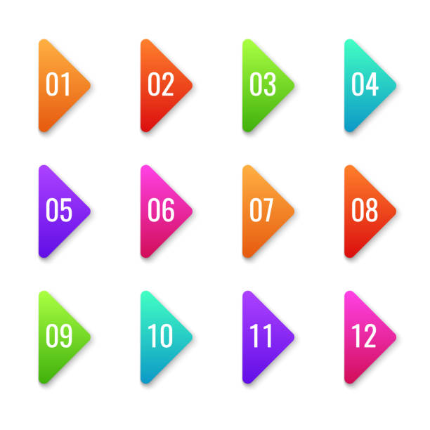 Arrow bullet point. Colorful baler bullets template direction shape markers next number cursor button web set flat vector elements Arrow bullet point. Colorful baler bullets template direction shape markers next number cursor button web set flat vector elements illustration trigone stock illustrations