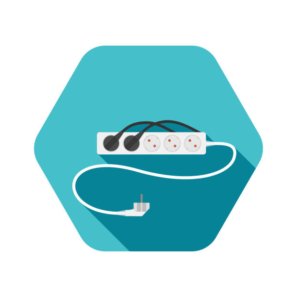 sześciokątna ikona nowoczesnego pięciogłogowego elektrycznego przedłużacza typu f z dwoma wtyczkami podłączonymi na turkusowym tle z cieniem. - extension cord push button cable electric plug stock illustrations