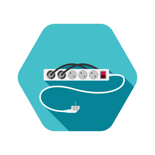 스위치, 두 개의 플러그 연결 및 청록색 배경에 그림자 현대 5 소켓 전기 연장 코드 유형 f의 육각형 아이콘. - f connector stock illustrations