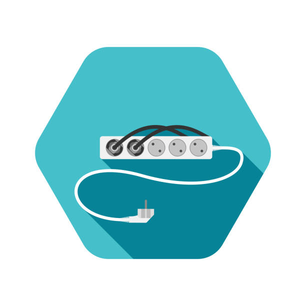 sześciokątna ikona nowoczesnego pięciogłogowego elektrycznego przedłużacza typu f z dwoma podłączonymi wtyczkami i cieniem na turkusowym tle. - extension cord push button cable electric plug stock illustrations