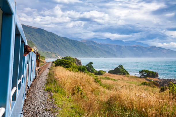 Scenic coastal railway journey along Pacific ocean coast in New Zealand stock photo