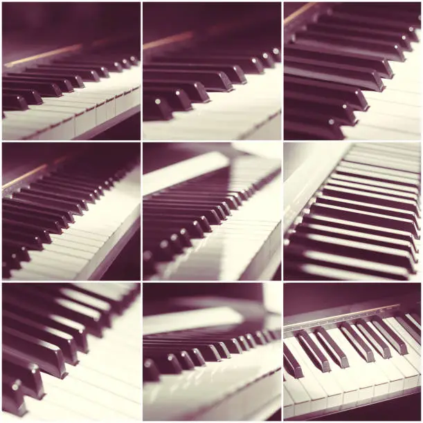 Piano keyboard close up. collage.