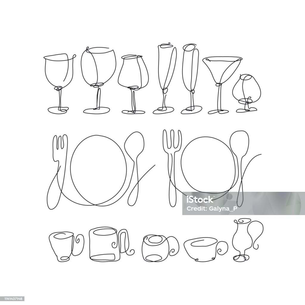 Tableware Draw Table Setting Items Continuous Line Drawing Set Stock Illustration ...