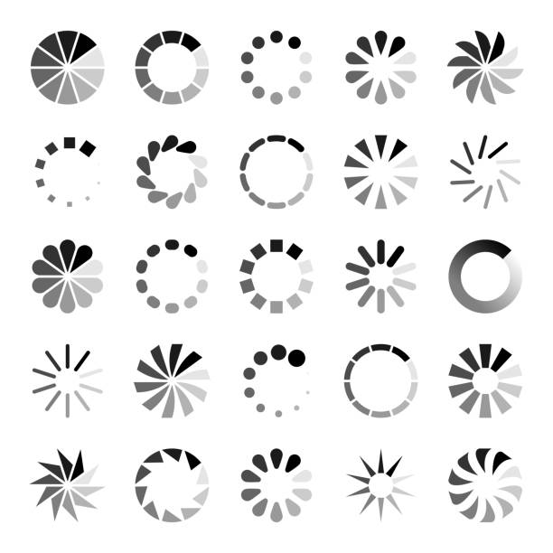 Progress loader icons. Load spinning circle circular buffering indication waiting loading computer website download upload vector set Progress loader icons. Load spinning circle circular buffering indication waiting loading computer website download upload status symbol vector set symbol icon set business downloading stock illustrations