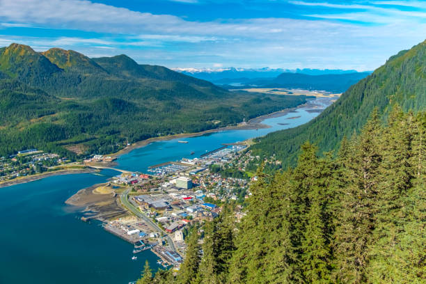 Aerial view of Juneau and the Gastineau Channel An aerial view of Juneau and the Gastineau Channel from Mount Roberts. inlet photos stock pictures, royalty-free photos & images