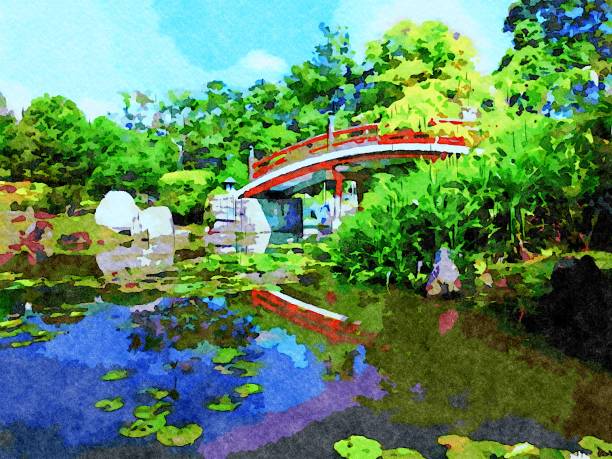 istock Red bridge over blue water at Japanese garden 1141438214