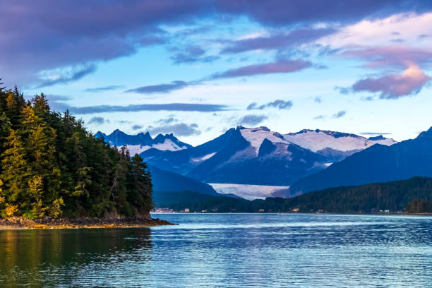 Alaskan Snowcapped Mountains Distant snowcapped mountains in Juneau, Alaska with forest area headland in foreground. juneau stock pictures, royalty-free photos & images