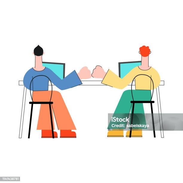 Coworking Communication Vector Illustration With Two Men Working With Laptops And Bumping Fists Stock Illustration - Download Image Now