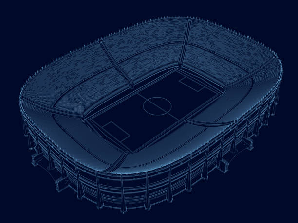 illustrations, cliparts, dessins animés et icônes de wireframe du stade. vue isométrique. stade de lignes bleues sur un fond sombre. 3d. illustration vectorielle - soccer stadium illustrations