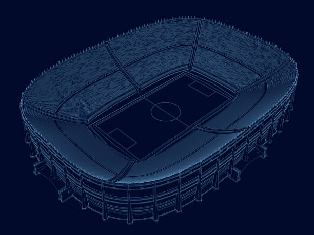 ilustrações de stock, clip art, desenhos animados e ícones de wireframe of the stadium. isometric view. stadium of blue lines on a dark background. 3d. vector illustration - stadium