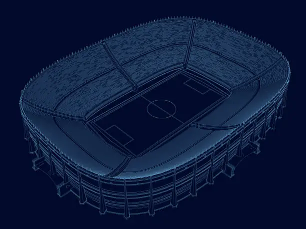 Vector illustration of Wireframe of the stadium. Isometric view. Stadium of blue lines on a dark background. 3D. Vector illustration