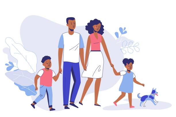 ilustraciones, imágenes clip art, dibujos animados e iconos de stock de feliz familia joven afroamericana padre, mamá, hijo, hija y perro a pie. - afrodescendiente ilustraciones