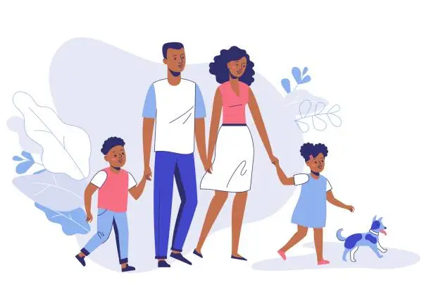 Vector illustration of Happy young african american family dad, mom, son, daughter and dog on walk.