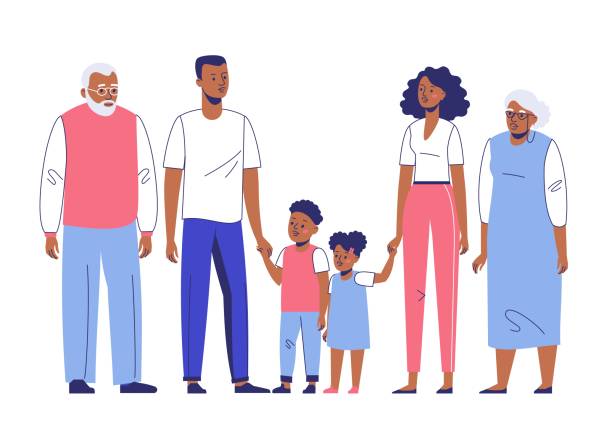 ilustraç�ões de stock, clip art, desenhos animados e ícones de happy young african american family dad, mom, son, grandmother and grandfather. - family american culture african culture black