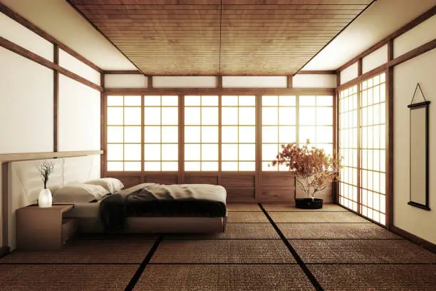 Interior Luxury modern Japanese style bedroom mock up, Designing the most beautiful. 3D rendering