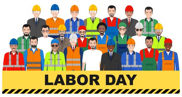 Labor day. Group of worker, builder and engineer standing together on white background in flat style. Working team and teamwork concept. Different nationalities and uniforms. Flat design people characters. Labor day. Group of working people isolated on white background. Set of diverse worker, builder and engineer standing together. Different nationalities and uniforms. construction hiring stock illustrations
