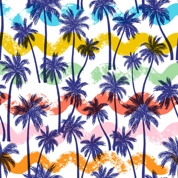 bezszwowy wzór wektorowy z palmami i falami - pattern coconut palm tree frond textile stock illustrations