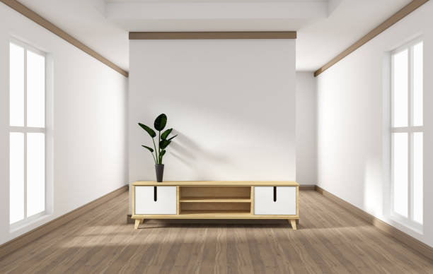 istock Tv cabinet in modern empty room Japanese - zen style,minimal designs. 3D rendering 1141446037