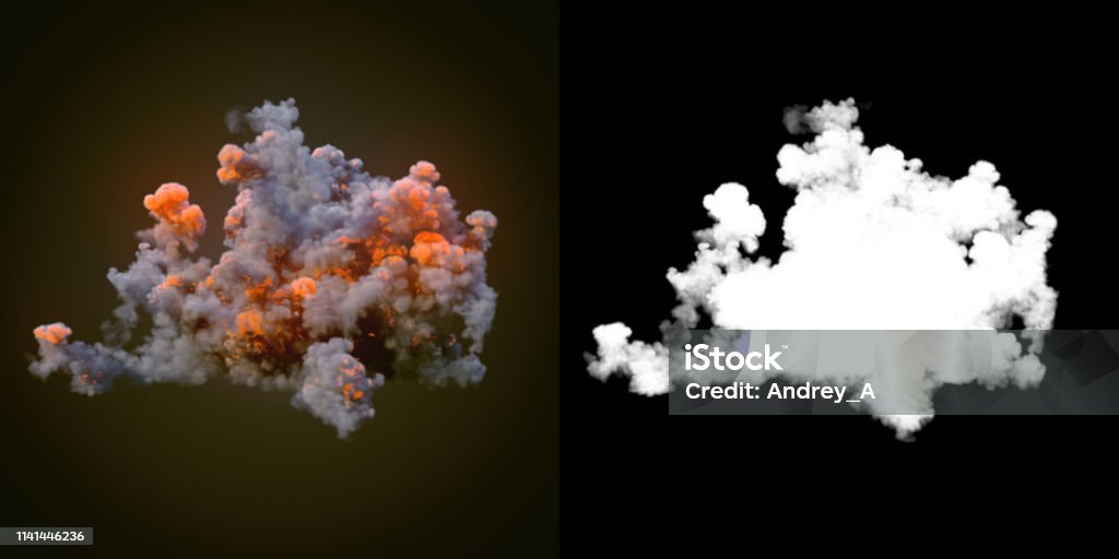 Composition avec de grandes explosions dans Dark plus Alpha Channel. rendu 3D - Photo de Feu libre de droits