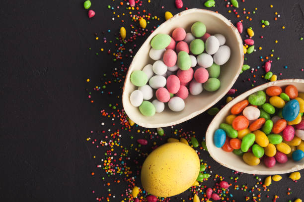 istock Chocolate eggs and colorful candies 1141447534