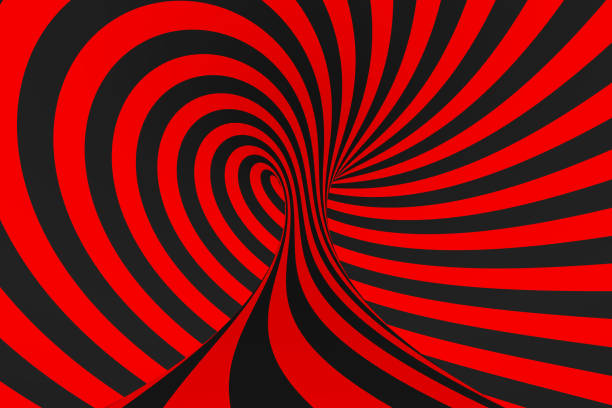 Torus 3D optical illusion raster illustration. Hypnotic black and red tube image. Contrast twisting loops, stripes ornament.