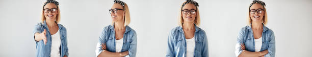 istock Smiling young female entrepreneur with different expressions on white 1141450646