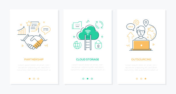 illustrazioni stock, clip art, cartoni animati e icone di tendenza di business e tecnologia - set di banner web verticali in stile line design - ideas concepts ladder cloud