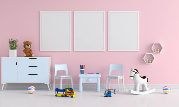 istock Three blank photo frame for mockup in child room, 3D rendering 1141451942