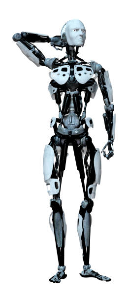 istock 3D illustration male robot on white 1141452160