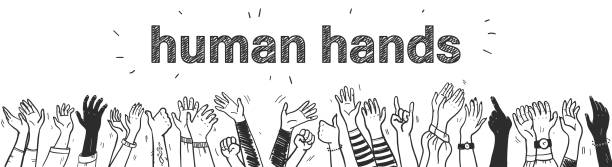 Vector hand drawn sketch style illustration with black colored human hands different skin colors greeting & waving isolated on white background. Vector hand drawn sketch style illustration with black colored human hands different skin colors greeting & waving isolated on white background. Crowd, party, sale concept. For advertising, packaging. crowd of people drawings stock illustrations