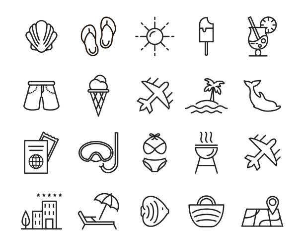 ilustraciones, imágenes clip art, dibujos animados e iconos de stock de los iconos de verano, viajes, vacaciones y playa se - swimming trunks illustrations