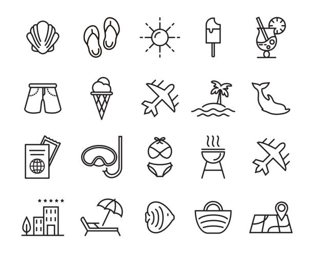zestaw ikon lata, podróży, wakacji i plaży - swimming trunks illustrations stock illustrations
